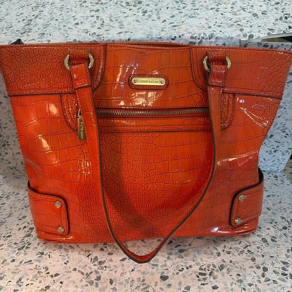 Anne Klein Orange Croc Embossed Patent Leather Tote Shoulder Bag - Picture 2 of 8